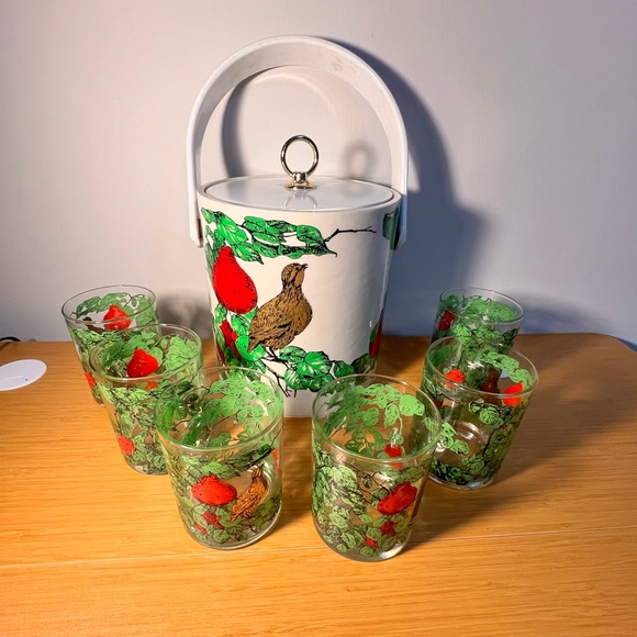 Bergdorf Goodman Limited Partridge in a Pear Tree Tumblers Glasses & Ice Bucket - Picture 1 of 16
